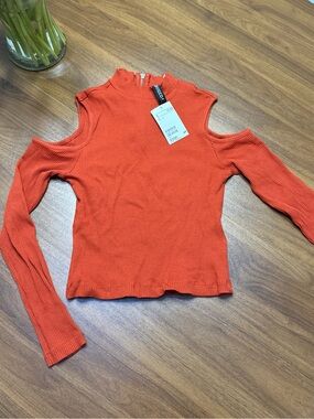 H&M Women's Orange Ribbed Cold-Shoulder Mock Neck Top